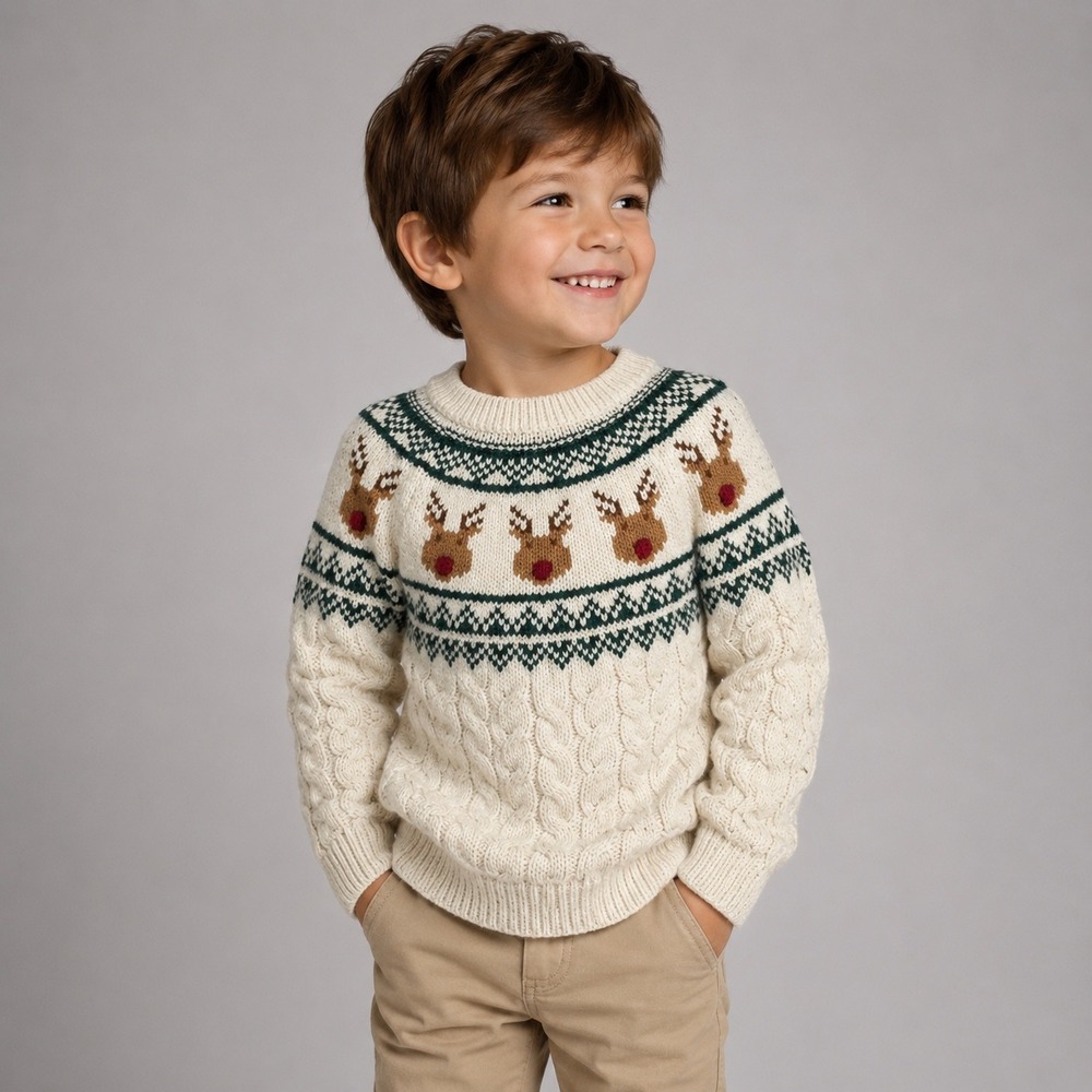 Miles Kids Reindeer Fair Isle Sweater 5/6 Cream Cable Knit Christmas Holiday